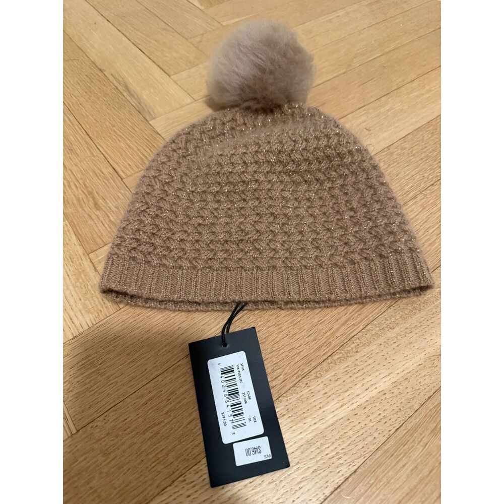 SOFIA CASHMERE - Camel & Gold Cashmere Blend Beanie with Pom Pom - NWT